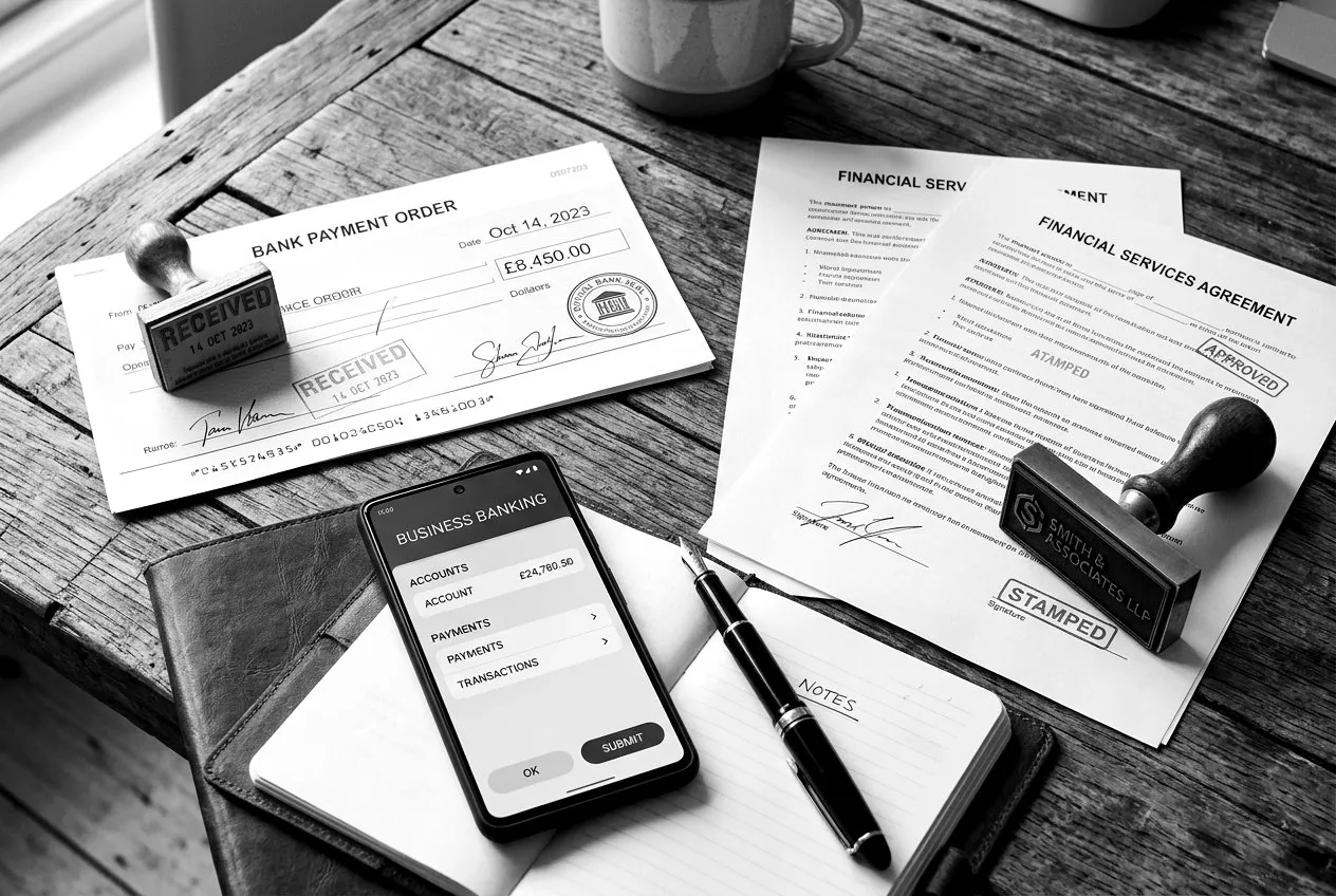 Платежные поручения, штампы, договор и смартфон с мобильным банком на деревянном столе